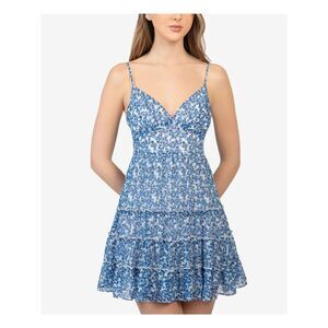 B DARLIN Womens Blue Chiffon Tie Spaghetti Strap Mini Dress 5\6